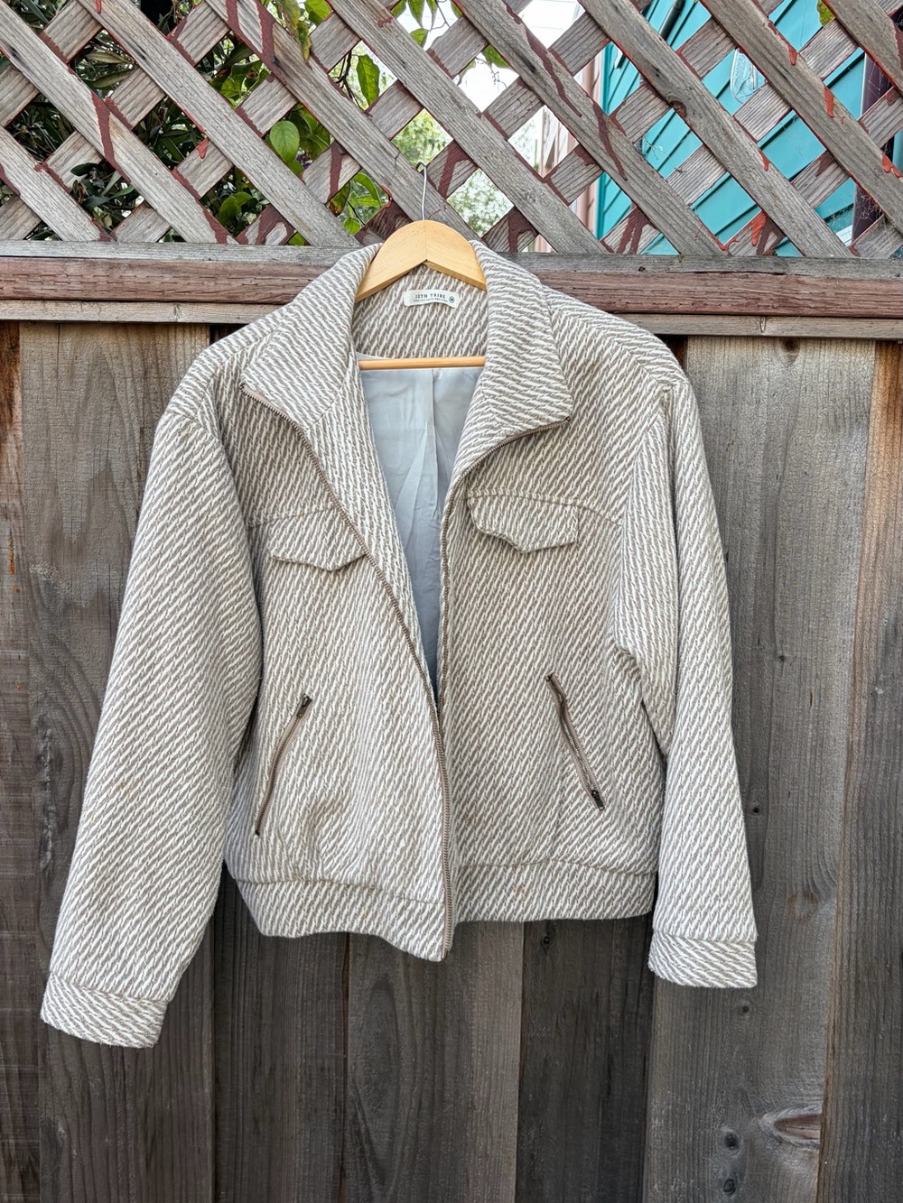 12th Tribe Cream Textured Bomber Jacket - Picture 2 of 5